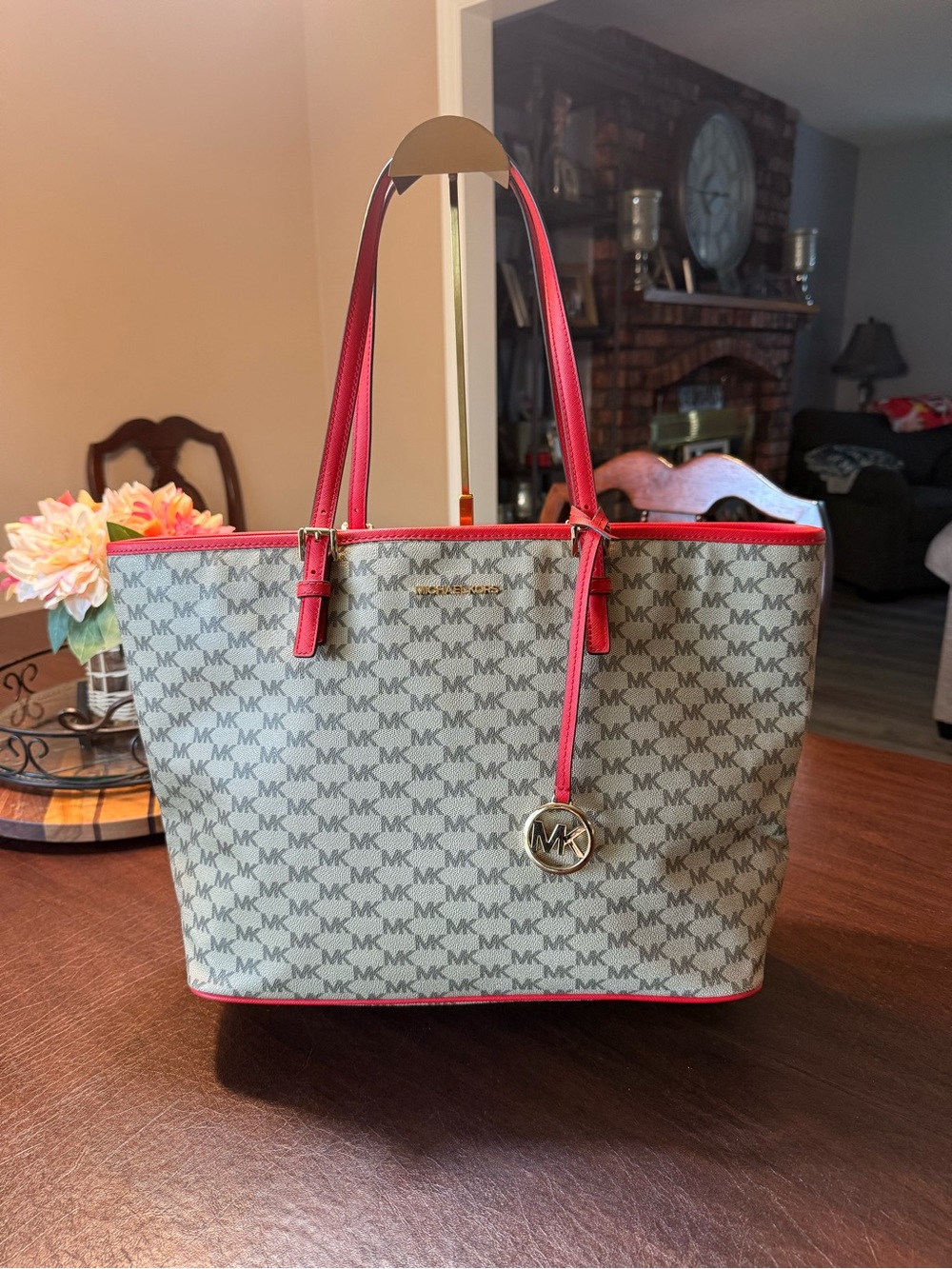 Michael Kors MK designer, large jet, set beige with red trim signature tote